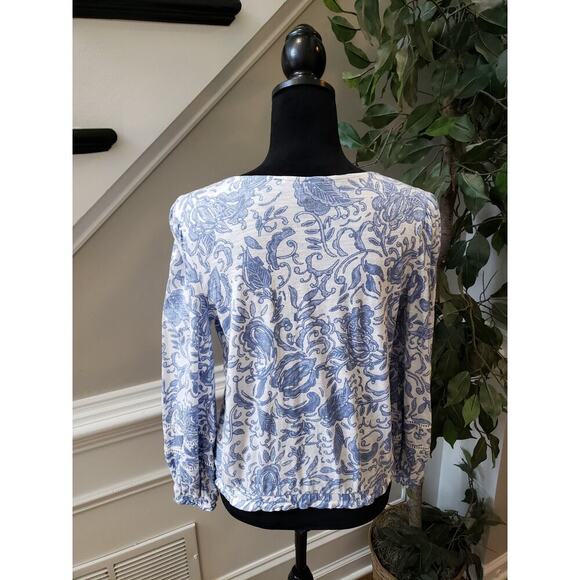 Women's INC Concepts Blue White Floral Print Top V Neck Drawstring Hem Small - Picture 9 of 13